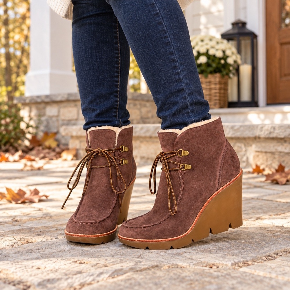 KORS Michael Kors Brown Suede Lace-Up Wedge Boots 8.5 Après Ski cabincore
